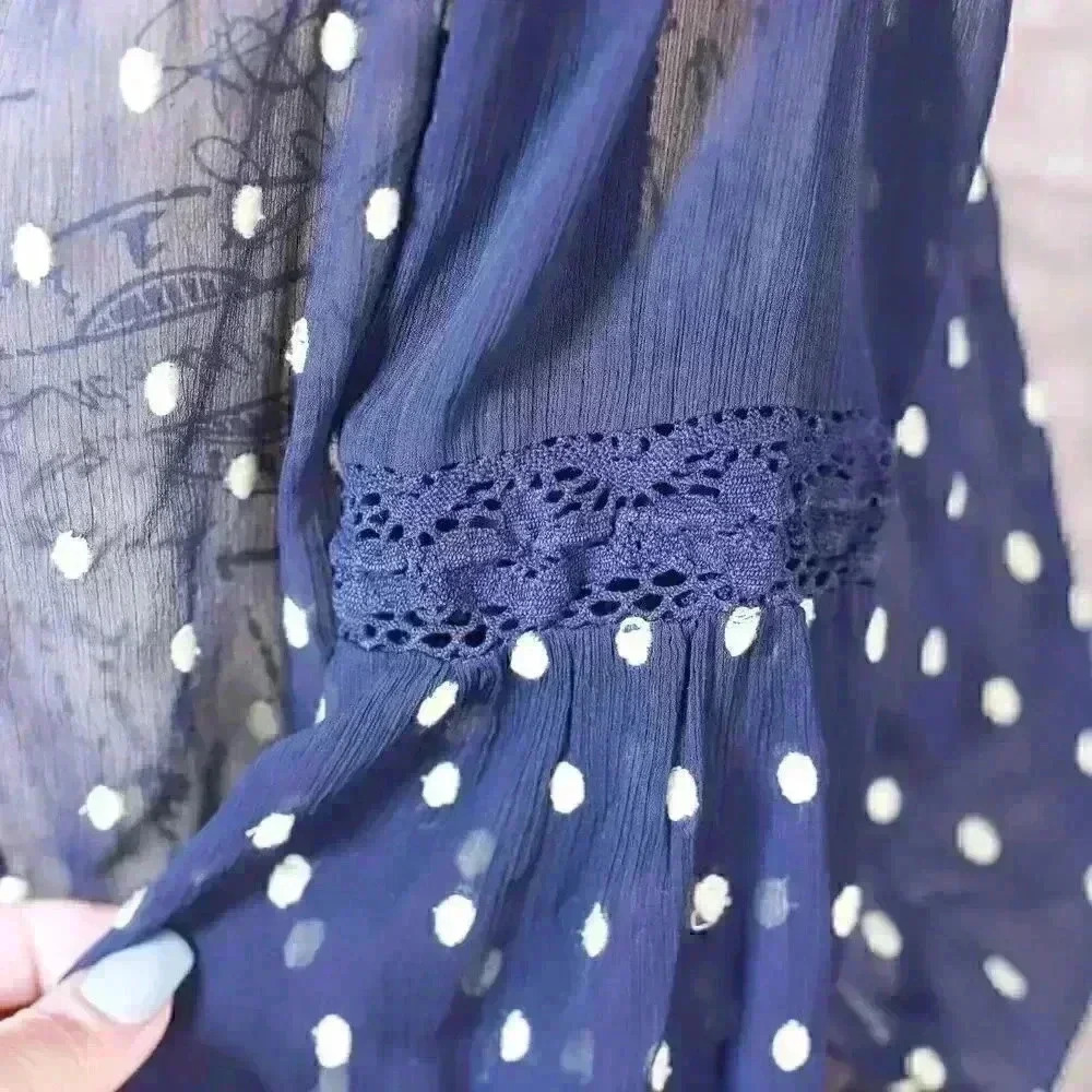 Women's Free People Size S navy blue polka dot embroidered sheer shirt - Picture 7 of 14